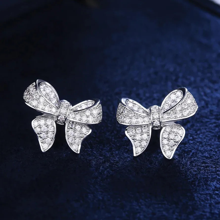 Romantic Bowknot Women Stud Earrings Crystal Zircon Glass Stone Jewelry