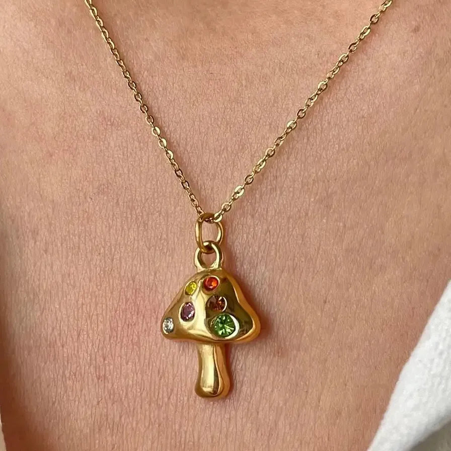 Mushroom Pendant Necklace Women Gold Plated Geometric Zircon Choker Gift Jewelry