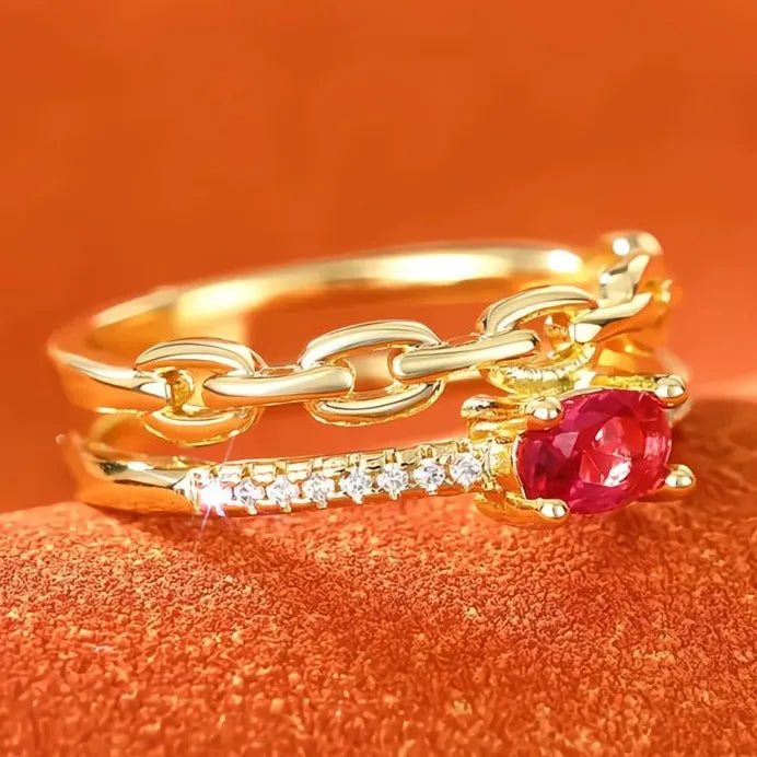 Gold Red Cubic Zirconia Women's Geometric Wedding Party Band Ring