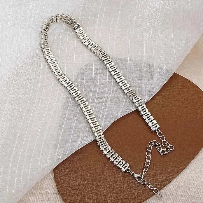 Stainless Steel Zircon Crystal Rectangle Geometric Choker Necklace Women Jewelry Set