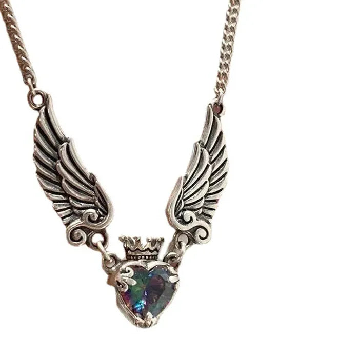Vintage Gothic Heart Angel Wings Zinc Alloy Pendant Necklace Women