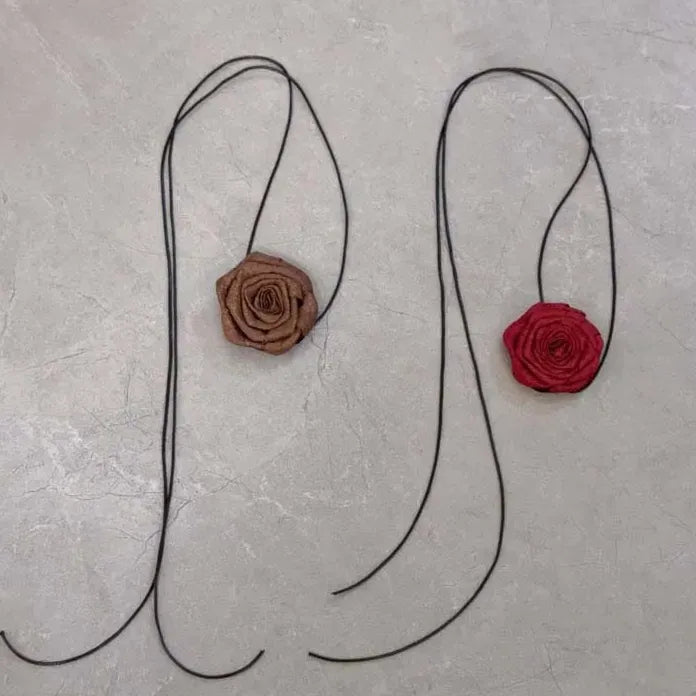 Vintage Red Rose Cotton Pendant Choker Adjustable Leather Rope Necklace Y2K Trendy