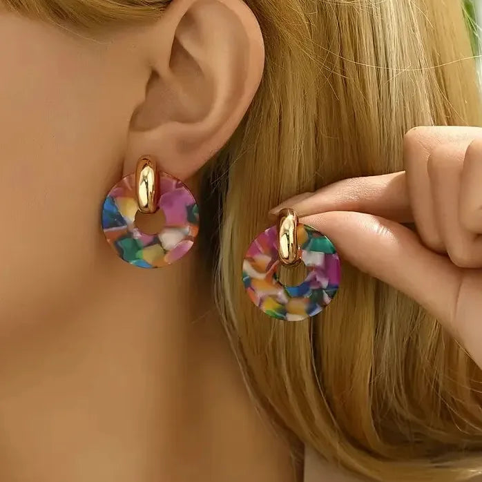 Vintage Acrylic Colorful Spliced Circle Stud Earrings for Women Hollow Jewelry