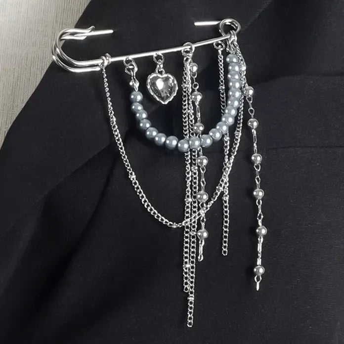 Black Crystal Heart Pearl Tassel Brooch & Pendant Necklace Zinc Alloy