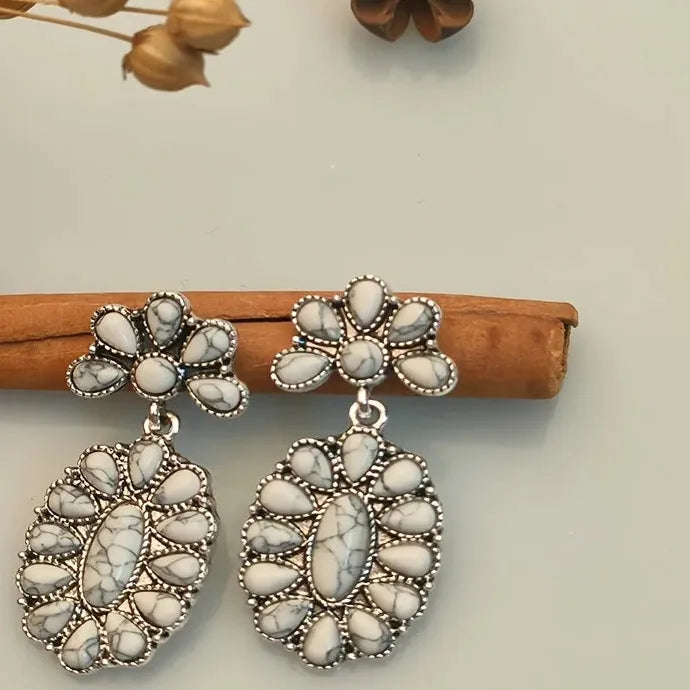 Vintage Elegant Flower Silver Zircon Hook Earrings for Women Ethnic Party Jewelry Gifts