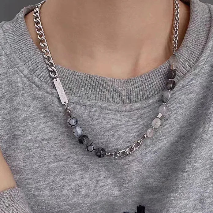 Stainless Steel Gray Glass Beaded Choker Necklace for Men Women Hiphop Jewelry Gift