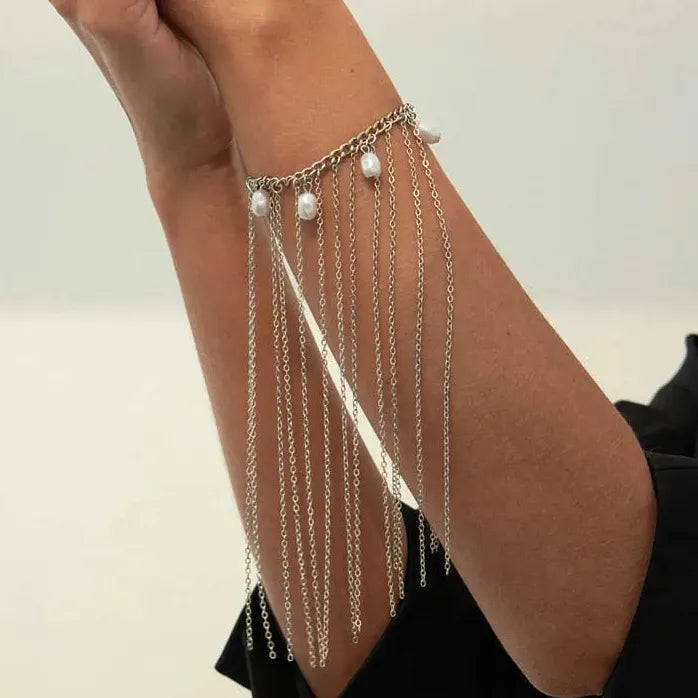 Imitation Pearl Long Tassel Hand Chain Bracelet Women Metal Charm Jewelry Gift