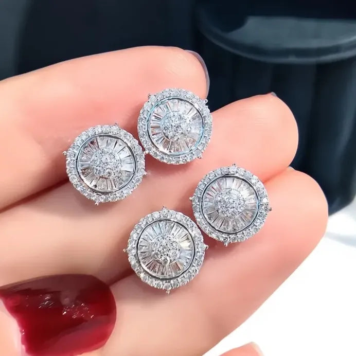 Geometric Round Stud Earrings with Sparkling CZ Cubic Zirconia for Women