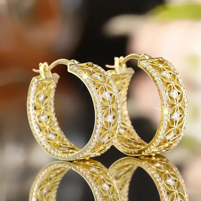 Delicate Hollow-Out Geometric Hoop Earrings with Cubic Zirconia, Gold Tone