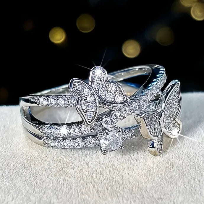 Romantic Double Butterfly Brass Wedding Ring with Cubic Zirconia for Women