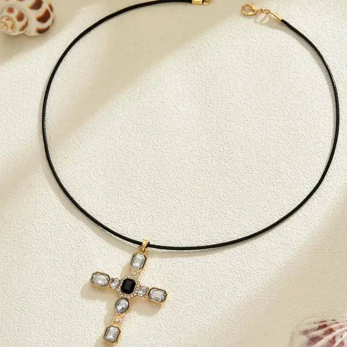 Crystal Cross Pendant Necklace Leather Choker Punk Gothic Hip Hop Unisex Jewelry
