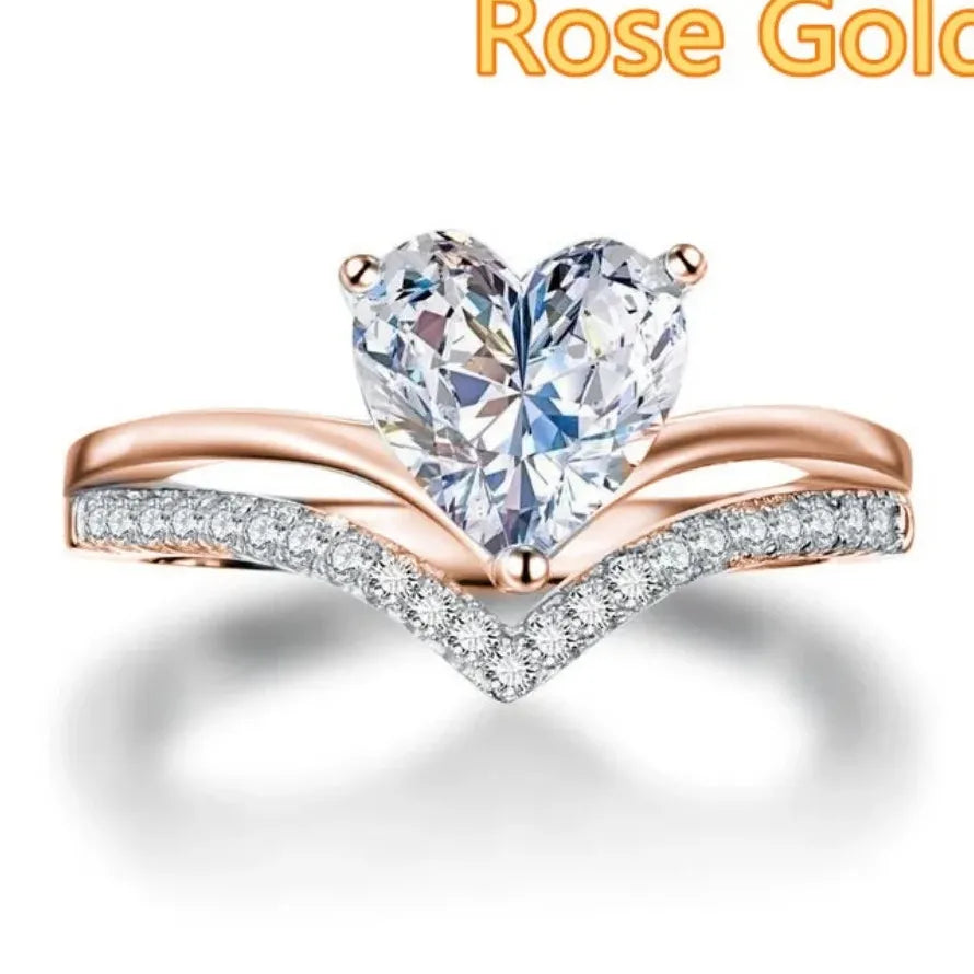 Silver Heart Ring Set for Women with White Zircon Stones Bridal Engagement Jewelry Gift