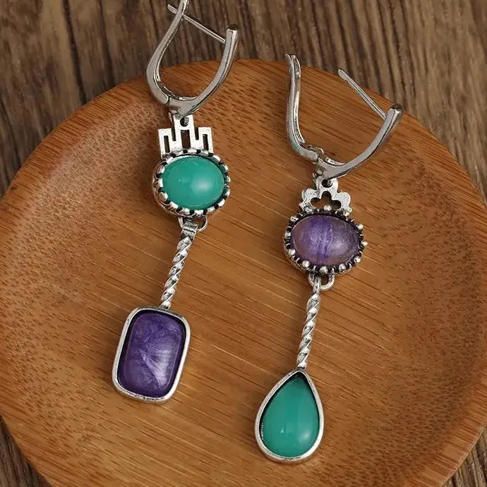 Retro Asymmetric Waterdrop Deep Blue Flower Zinc Alloy Drop Earrings
