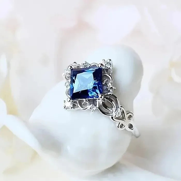 Blue Square Silver Color Wedding Rings for Women Luxury Engagement Jewelry