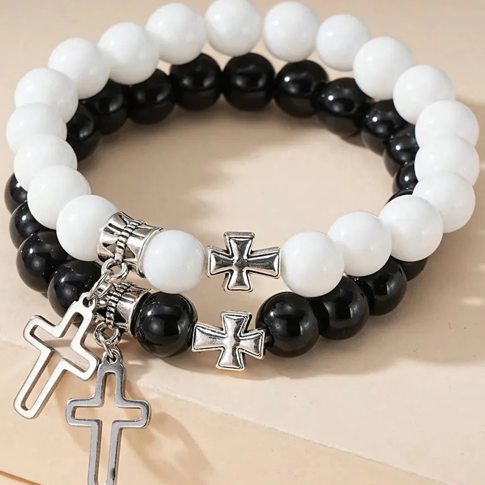 2Pcs Pink Crystal Beads Cross Bracelets Natural Stone Couple Jewelry Gift Set