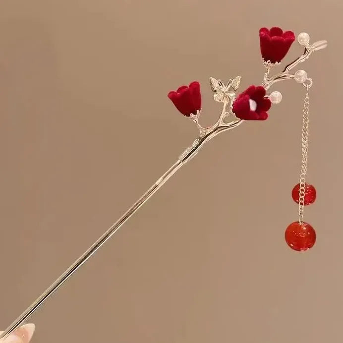 Vintage Chinese Red Rose Alloy Tassel Hair Stick for Women Hairpin
