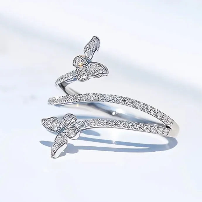 Delicate Silver Butterfly Brass Ring with Cubic Zirconia for Women Wedding Party Jewelry