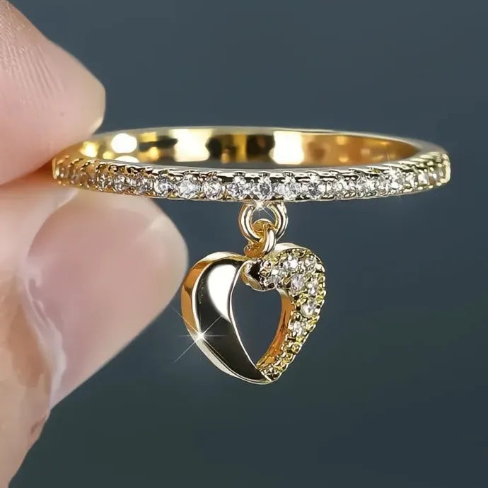 Elegant Heart Pendant Ring Women Wedding Shiny CZ Silver Gold Brass Jewelry