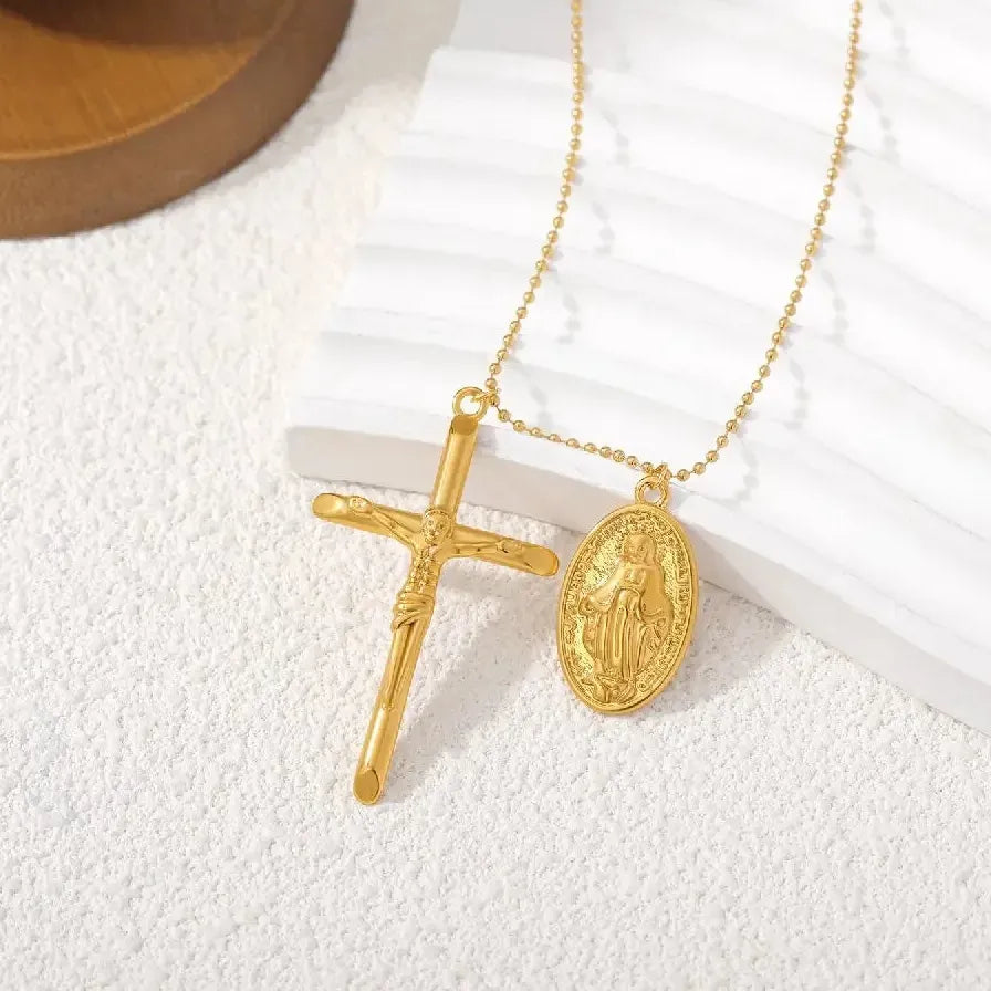 18k Gold Plated Stainless Steel Goth Jesus Cross Pendant Necklace Choker Jewelry