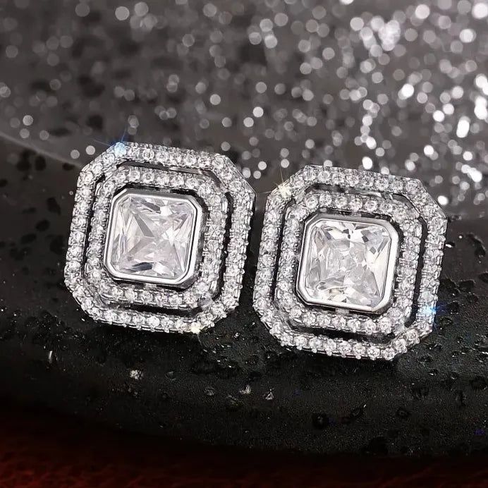 Geometric Square Cubic Zirconia Stud Earrings for Women Daily Party Wear