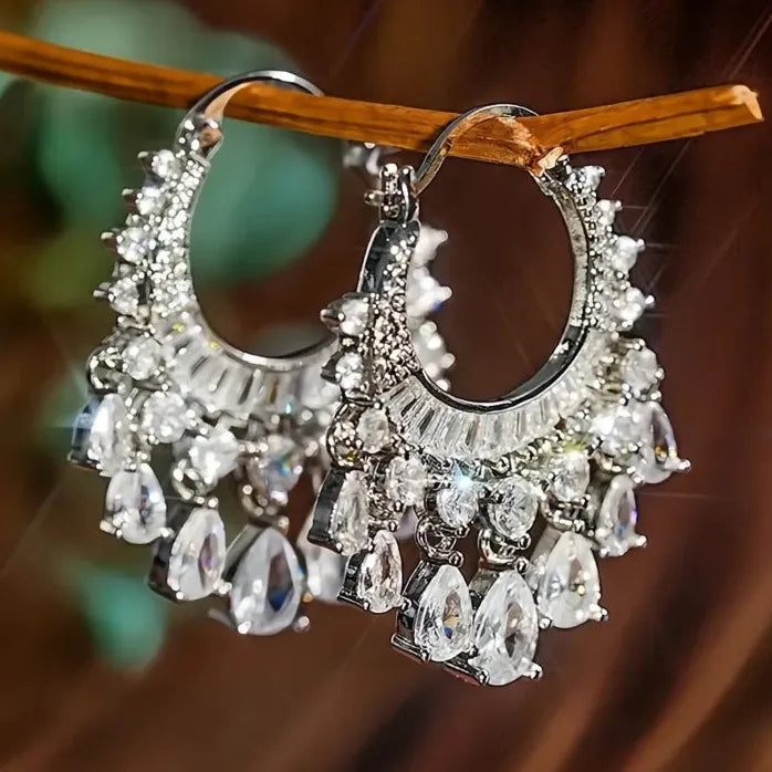 Romantic Geometric Tassel Dangle Earrings for Women Crystal CZ Brass Gift