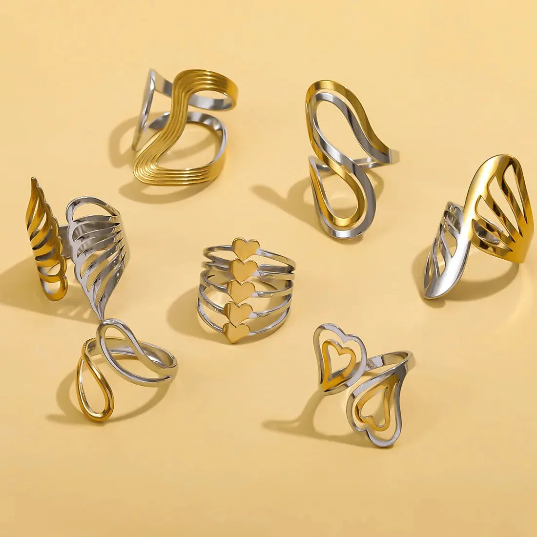 Vintage Geometric Multi-Layer Irregular Leaf Heart Stainless Steel Cocktail Ring