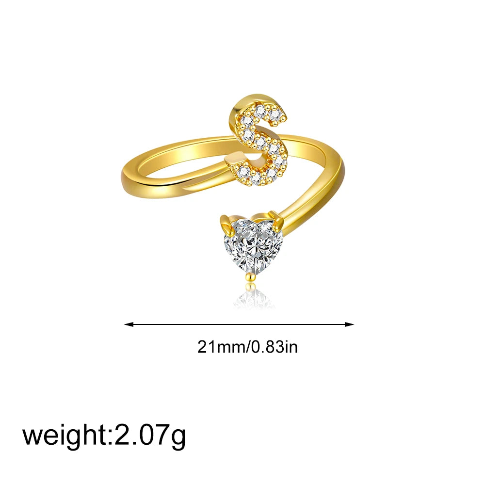 Polished Gold Plated Copper A-Z Letter Initial Ring with Zircon Heart Wedding Jewelry