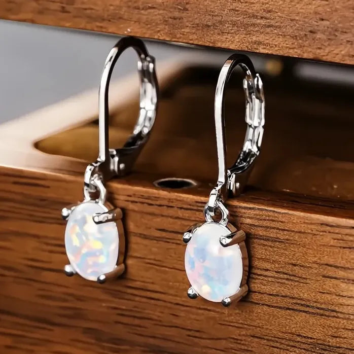 Elegant Minimalist Oval Opal Drop Earrings for Women, Geometric Design