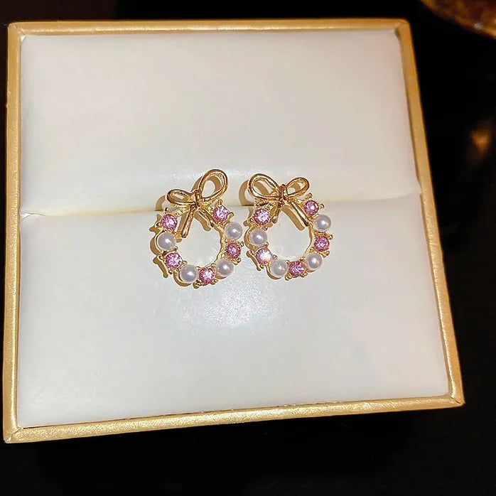 French Elegant Copper Alloy Bowknot Pearl Pendant Drop Earrings 2024 Jewelry Women