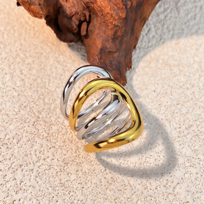 18k Gold Plated Punk Geometric Hollow Out Wide Wire Ring for Women Party Jewelry