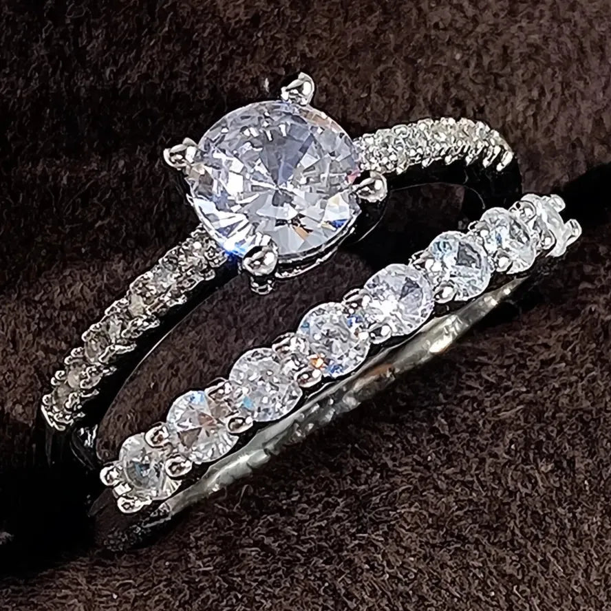 2023 Modern Bridal Ring Set for Women 2Pcs Luxury Cubic Zirconia Brass Engagement Bands Jewelry