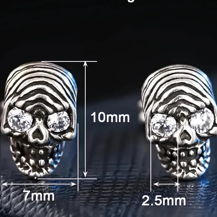 Neo-Gothic Women Skull Stud Earrings with White & Red Cubic Zirconia