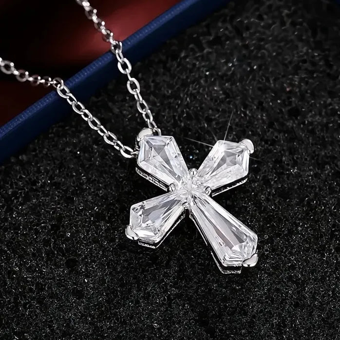 Silver Cross Pendant Necklace with Crystal Cubic Zirconia Wedding Jewelry for Women