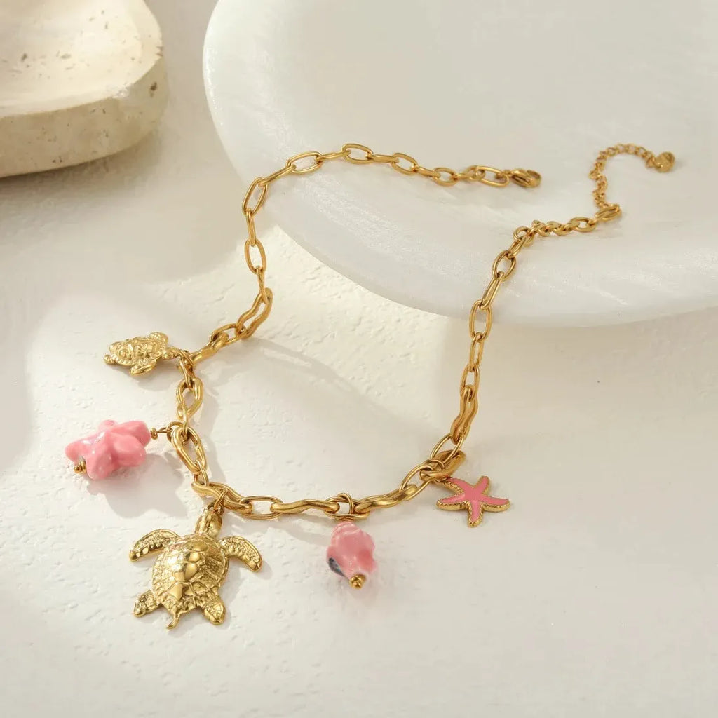 Stainless Steel Pink Starfish Conch Shell Pendant Necklace Waterproof Choker Jewelry