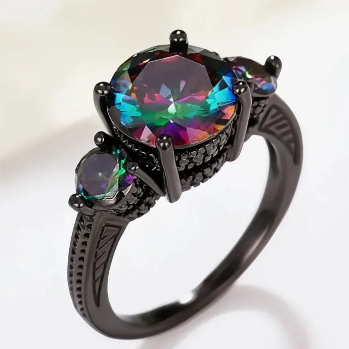 Black Cubic Zirconia Wedding Band Ring for Women Vintage Brass Finger Accessory