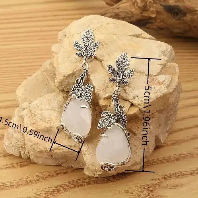 Vintage Silver Color Maple Leaf Dangle Earrings White Stone Water Droplets for Women