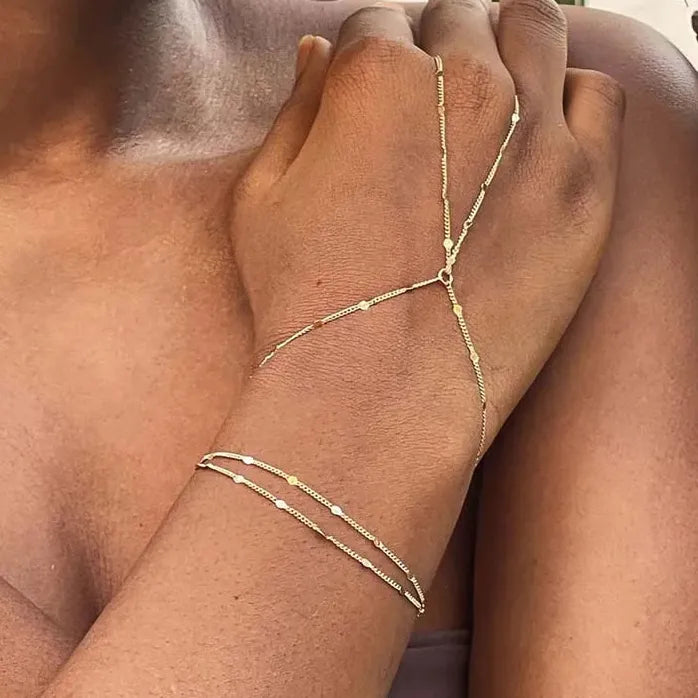Vintage Gold Tone Connected Finger Ring Bracelets for Women Chain Bangles Mood Tracker