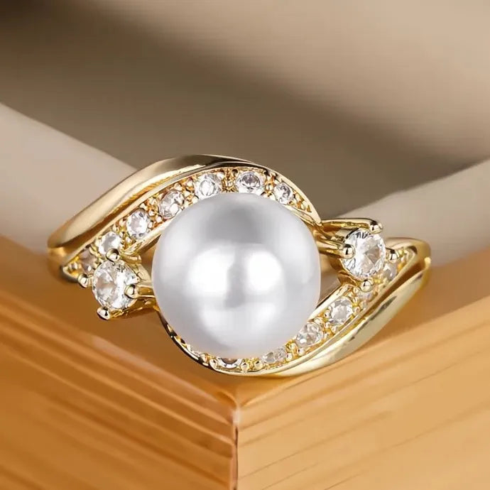 Luxury Imitation Pearl Cubic Zirconia Brass Ring Wedding Gift for Women