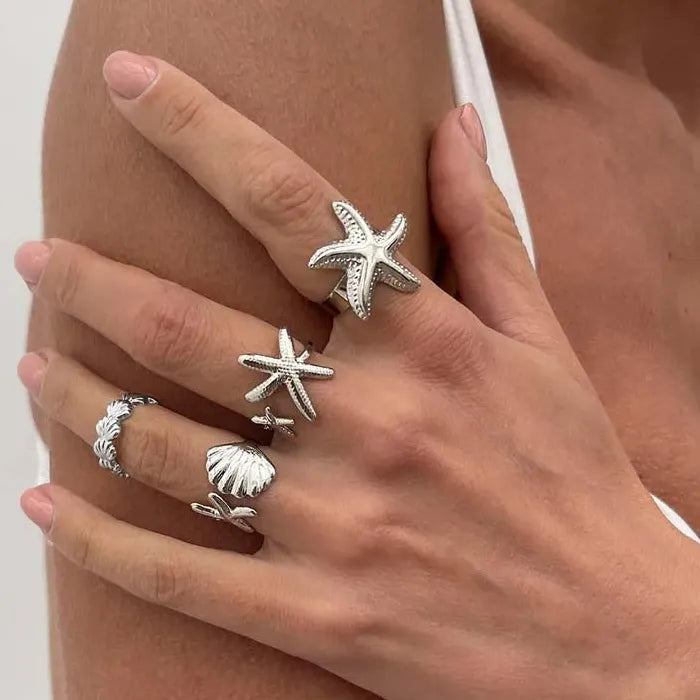 4Pcs Adjustable Gold Starfish Open Rings Beach Party Jewelry Accessories