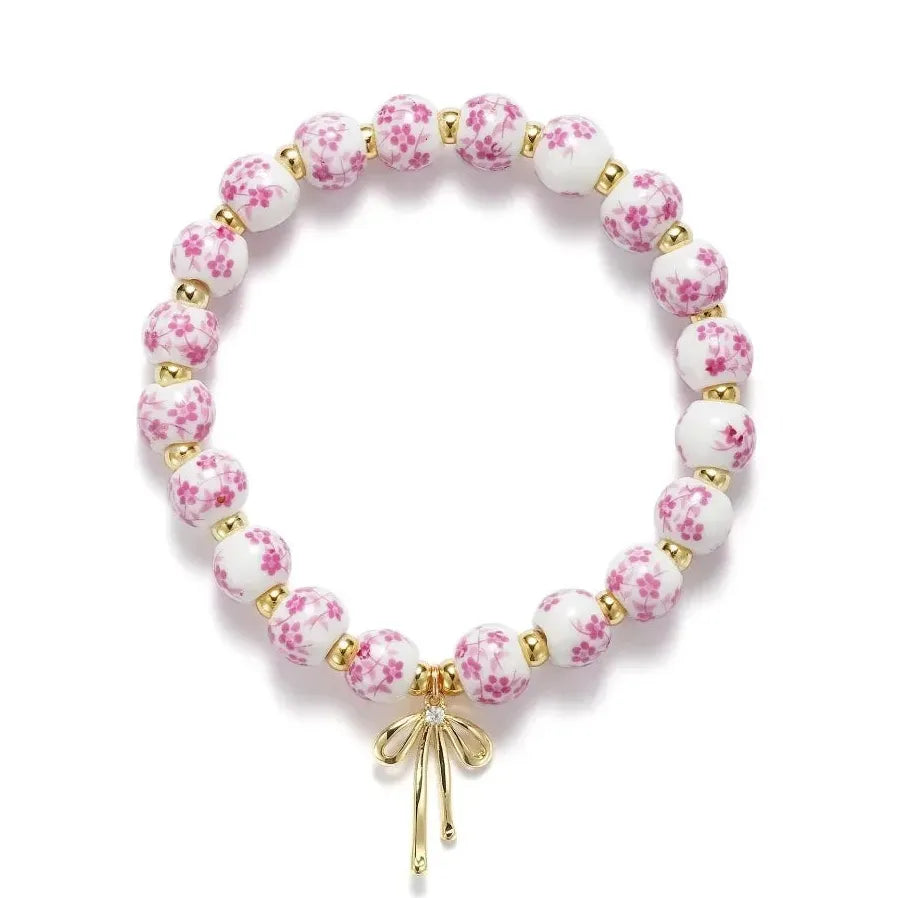 Blue White Porcelain Bead Bracelet Bowknot Charm Elastic Cord Copper Gift Jewelry