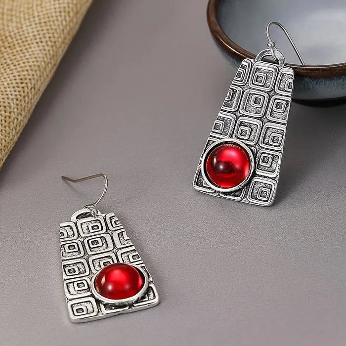 Retro Geometric Punk Pendant Earrings Set with Red Semi-Precious Stones for Women