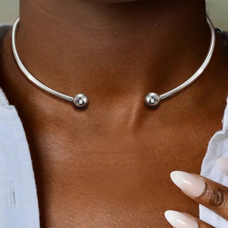 Stainless Steel Solid Ball Necklace Women Punk Silver Adjustable Jewelry Gift