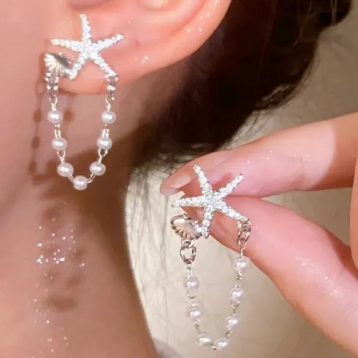 Starfish Shell Pearl Drop Earrings Zinc Alloy Bohemian Beach Jewelry Gift