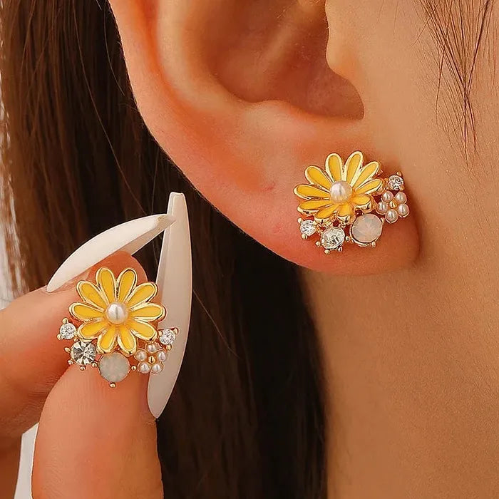 Yellow Daisy Zircon Pearl Stud Earrings for Women Vintage Gift Jewelry