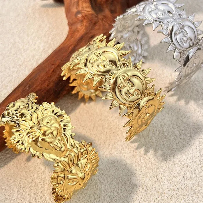 Gold Plated Stainless Steel Punk Sun Lion Geometric Cuff Bracelet Unisex