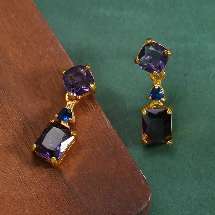 Double Drop Purple Square Zircon Earrings for Women, Fashion Jewelry