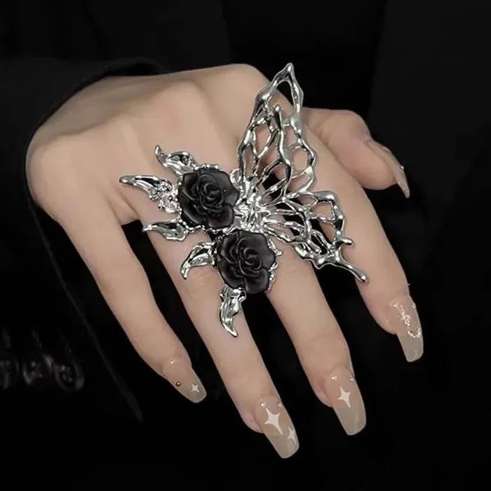 Silver Metal Liquid Butterfly Rings Set Women Gothic Punk Jewelry