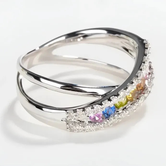 Rainbow Cubic Zirconia Brass Cross Ring for Women Wedding Engagement