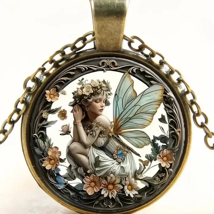 Vintage Round Butterfly Fairy Glass Dome Pendant Necklace Gift Zinc Alloy