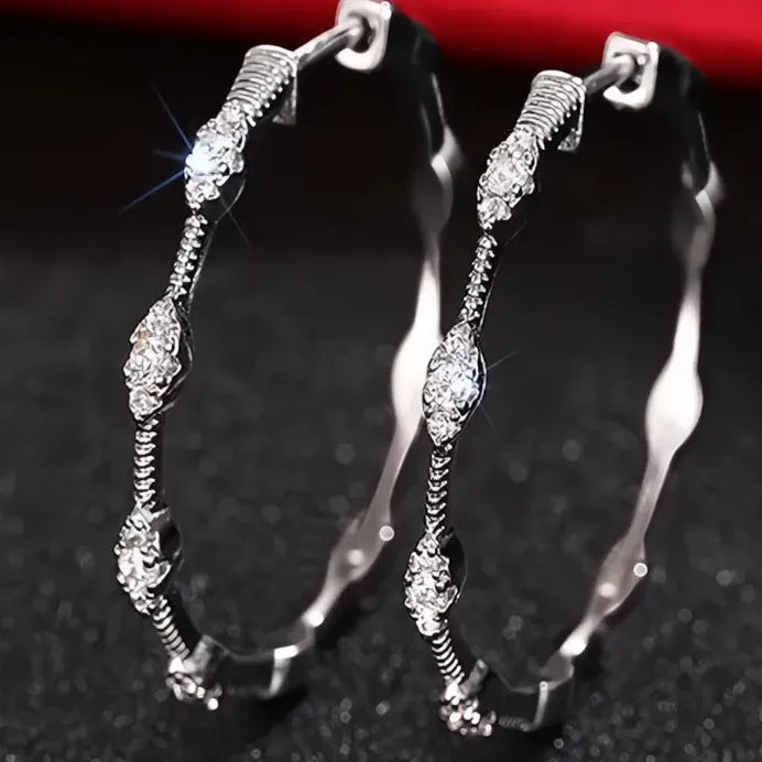 Geometric Silver Hoop Earrings with Cubic Zirconia for Women Party Wedding